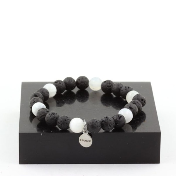 Stenar och mineraler. Armband Selenitpärlor från Marocko + Lava 8 mm. Tillverkad i Frankrike. Vit