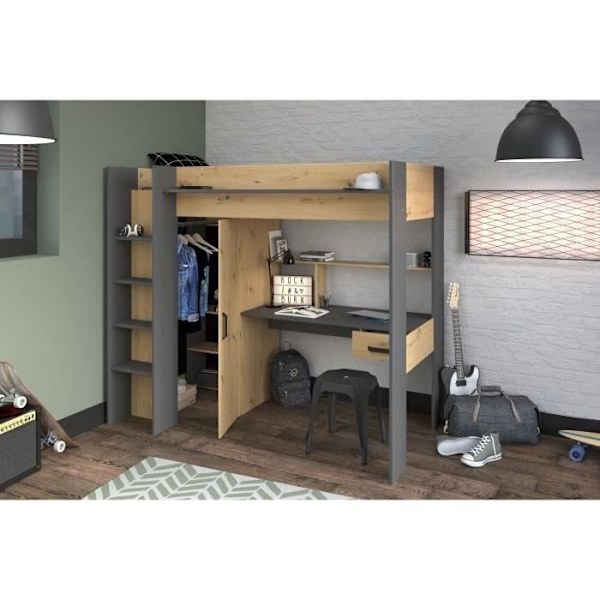 PARISOT HIGH kombinerad mezzaninbädd för barn - Ek och grå - Boxfjäder ingår - 90 x 200 cm Ek/Grå