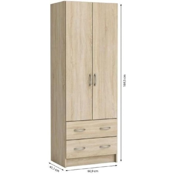 DEMEYERE Garderobe - Børstet egetræsindretning - 2 låger og 2 skuffer - Klassisk - Soveværelse - L 61 cm - DOBBELT Borstad ek och vävd linnedekor