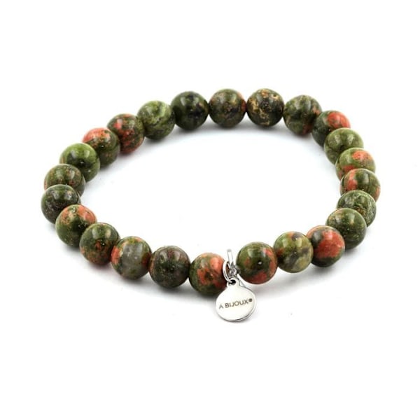 Sten og mineraler. 8 mm Unakite perlearmbånd. Fremstillet i Frankrig. Grön