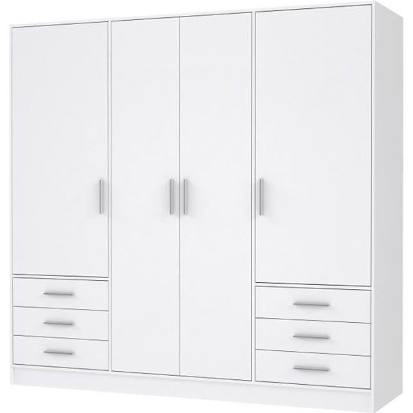 Vaatekaappi 4 saranoitua ovea + 6 laatikkoa - Lastulevy - Matta valkoinen - P 206,5 x S 60 x K 200 cm - JUPITER Vit