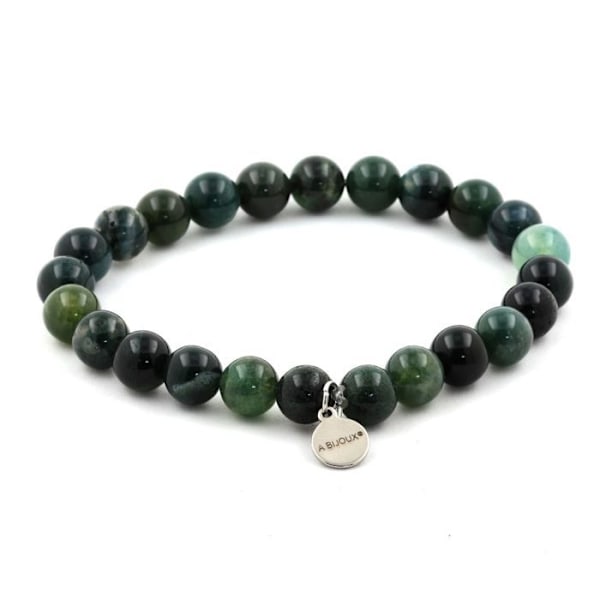 Sten og mineraler. 8 mm Moss Agate Beaded Armbånd. Fremstillet i Frankrig. Grön