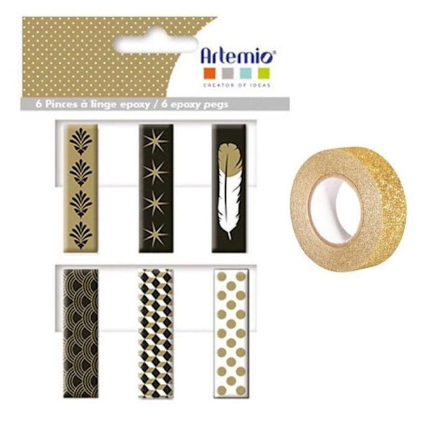 6 guld-svart-vita epoxiklädnypor + gyllene glitter maskeringstejp 5 m gyllene