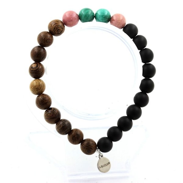 Stenar och mineraler. Kongo Malachite Beads Armband + Rhodonite + Matt Svart Onyx + Trä Tillverkat i Frankrike. Grön, Ros, Svart