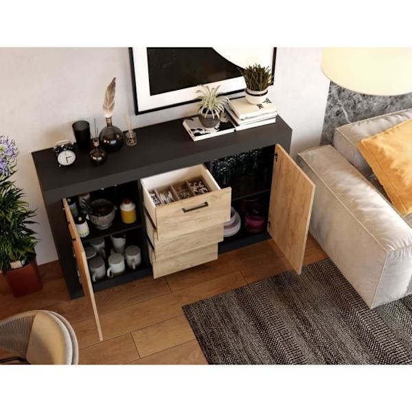 STONE INDUS skænk 2 låger + 3 skuffer - Rustik eg og sort melamin - Industriel stil - L147 x D37 x H89 cm Ek och svart