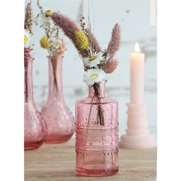 Vintage glasvase med relieffer - Rose - 7,5 x 15,8 cm Rosa