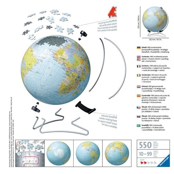 3D Globe Puzzle 540 bitar - Ravensburger - Lärorikt för barn - Inget lim - Från 12 år Flerfärgad