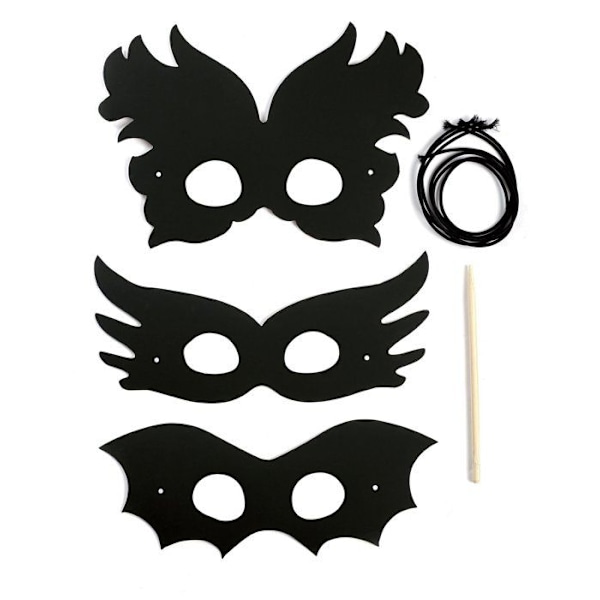 3 Flade kartonmasker til at skrabe Festival - Sort Svart
