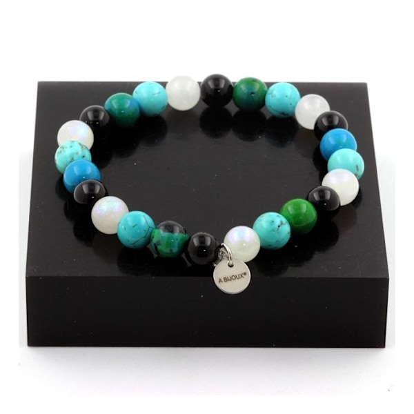 Sten og mineraler. Chrysocolla + turkis + månesten + sort agat perler armbånd lavet i Frankrig. Turkos