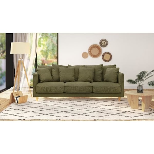 CONSTANCE 4-sits fast soffa - Grönt tyg - Ben i massivt trä - L 212 x H 87 x D 93 cm Grön