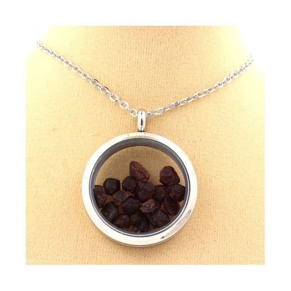 Collier - Ett BIJOUX - Medaillon 25 mm - Rå granat - Rostfritt stål - Silverfärgad Silver