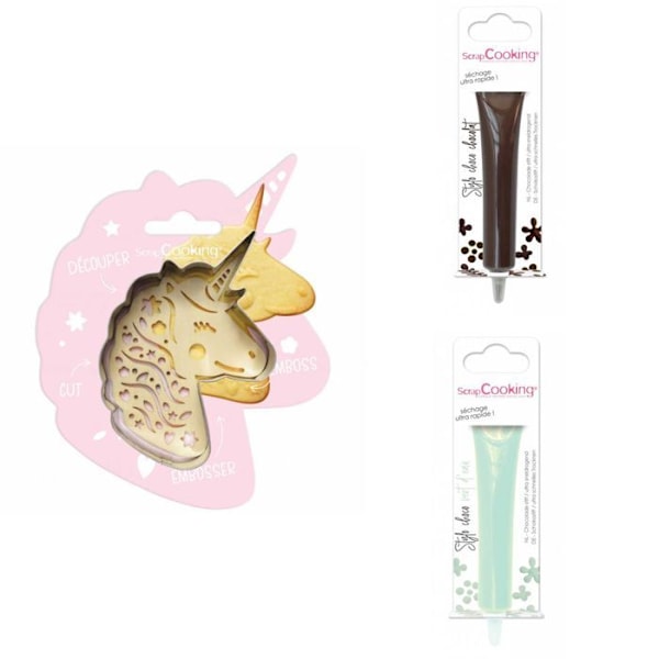 Unicorn præget kiksesæt + 2 brune og vandgrønne chokoladepenne Grå