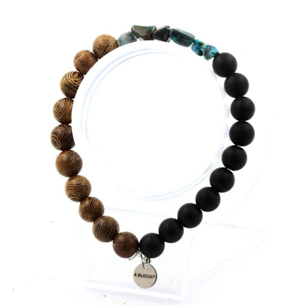 Sten og mineraler. Chrysocolla armbånd fra USA + Matsorte Onyx perler + 8 mm træ. Fremstillet i Frankrig. Grön, Svart