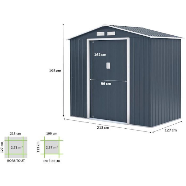 Metallförråd 2,71 m² - 213 x 127 x 195 cm - PLUTON - Förankringskit ingår, 2 skjutdörrar - Grå Kolgrå