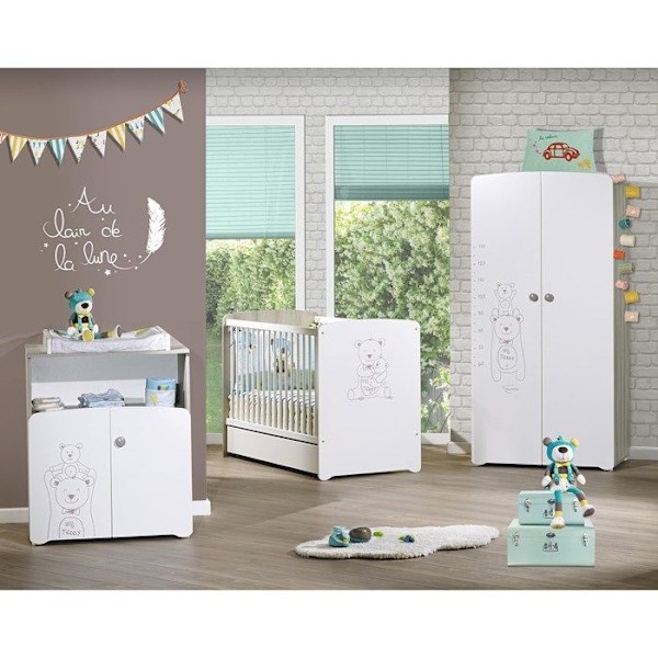 Byteskrin - Babypris - Teddy - Vitt trä - Bear screentryck - 2 dörrar - 97x76x66cm Vit, brun
