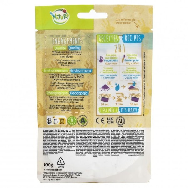 Sachet Gouache i pulver 100g Hvid - PEBEO - Tactilcolor - Vandopløselig - Til børn fra 2 år Vit