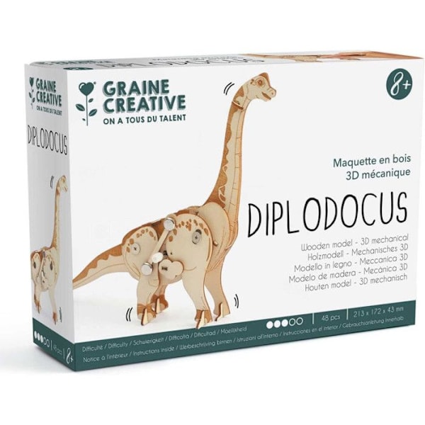 3D Mekanisk træmodel - Diplodocus - Modelfremstilling - Hvid - Barn - 48 stk. kastanj