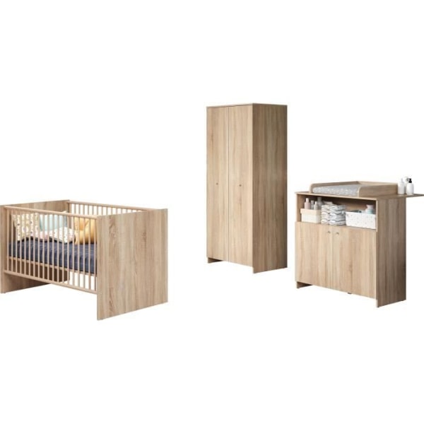 NIKO trio vauvan huone - 70x140 cm sänky + 2-ovinen hoitoarkku + 2-ovinen vaatekaappi - Luonnontammeinen sisustus - TRENDTEAM Naturlig ek