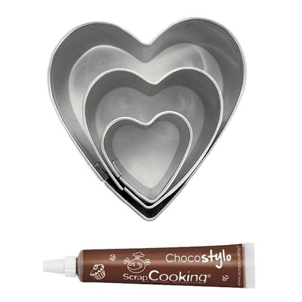 Chokladpenna + 3 små kakformar i rostfritt stål Hjärtan
