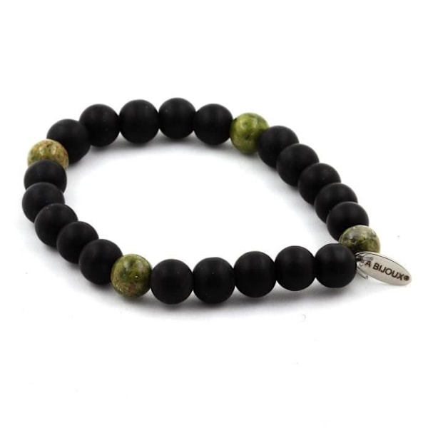 Sten og mineraler. Mat sort Onyx + Unakite Beads Armbånd 8 mm. Fremstillet i Frankrig.