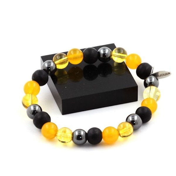 Stenar och mineraler. Armband Hematitpärlor + Mattsvart Onyx + Citrin + Gul Agat 8 mm. Tillverkad i Frankrike. Svart gul