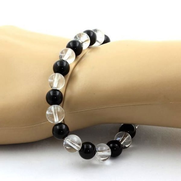 Stenar och mineraler. Armband Beads Black Obsidian + Quartz 8 mm. Tillverkad i Frankrike.