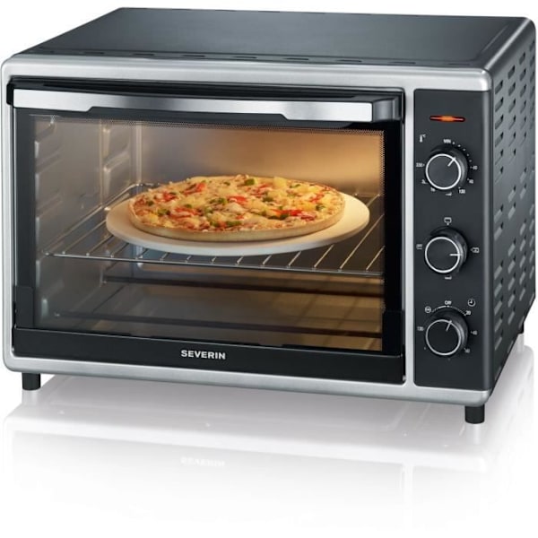 Mini SEVERIN TO2058 pyörivä lämpöuuni 42 L, pizzakivi ja paistinpannu, 1800 W vapaasti seisova uuni, 120 min ajastin, musta/ruostumaton teräs
