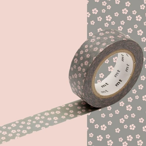 Maskeringstape lyserøde blomster på grå baggrund - 1,5 cm x 7 m Rosa