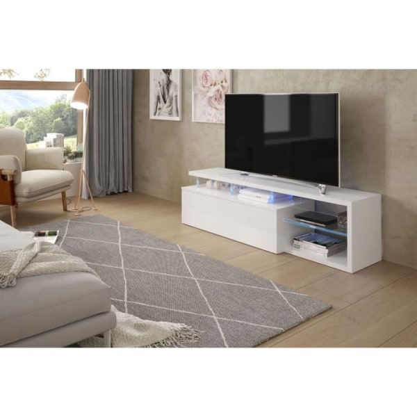 BLUE-TECH vändbar TV-enhet - Vitlackerad melamin - 1 nedfällbar dörr - LED - Blank vit - L150 x D41 x H43 cm lysande vit