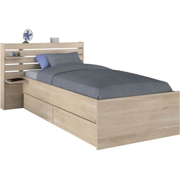 ESCALE barnsäng 90x190/200 cm - Ekdekor - Sänggavel + 2 lådor - L121,5 x H88,6 x D216,8 cm Japansk ek