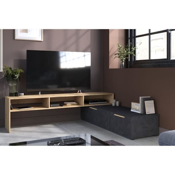 RAW-TV-kaappi - Tammi ja Steam Black -sisustus - 1 läppä + 1 laatikko - 4 valittavissa olevaa modulaatiota - L250 x K 50 x S 46,6 cm Ek och Steam Black