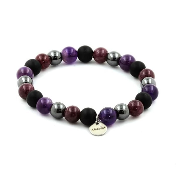 Sten og mineraler. Ametyst Beads Armbånd + Hæmatit + Lepidolite + Mat Sort Onyx 8 Fremstillet i Frankrig.