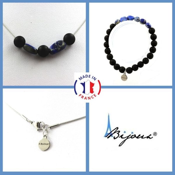 Parure smykker - A Bijoux - Mat sort onyx 8 mm - Lapis Lazuli - Justerbar størrelse - Fremstillet i Frankrig Svart blå