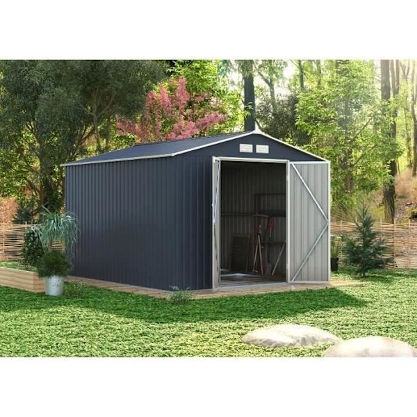 Metal havestue 8,84 m² - 277 x 319 x 202 cm - VELASCO - Inkluderet forankringskit, 2 dobbeltporte - Grå Kolgrå