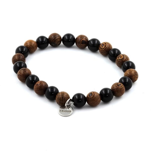 Stenar och mineraler. Armband Svarta Agatpärlor + Trä 8 mm. Tillverkad i Frankrike. Svart