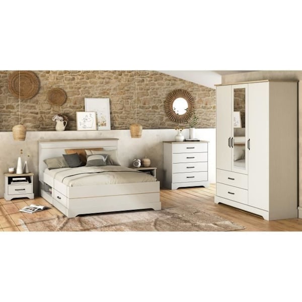COTTAGE voksenseng 160x200 cm - Hvid melamin og Kronberg eg indretning - 2 skuffer - L 173,8 x D 215,1 x H 102,2 cm - DEMEYERE Kronbergs ek och struktur vit