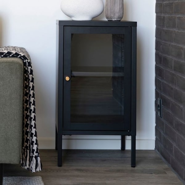 Lille buffét 1 dør 38x35x70 cm i glas og sort metal Svart