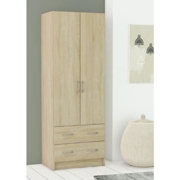 DEMEYERE Garderobe - Børstet egetræsindretning - 2 låger og 2 skuffer - Klassisk - Soveværelse - L 61 cm - DOBBELT Borstad ek och vävd linnedekor