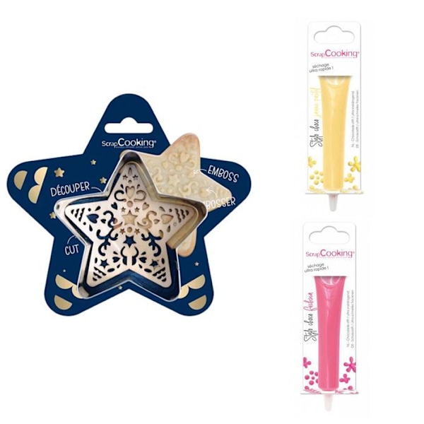 Kit för präglad kaka Star + 2 pastellgul och fuchsia chokladpennor Grå