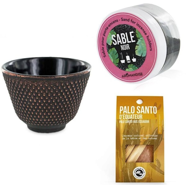 Svart och guld bägare rökelsehållare + svart sand + Palo Santo pinnar Svart