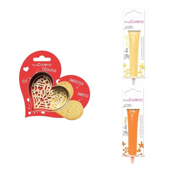 Kit för kaka i relief Heart + 2 pastellgul och orange chokladpennor Grå