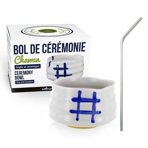 Japansk ceremoniel skål Chawan Hvid + 4 sugerør i rustfrit stål