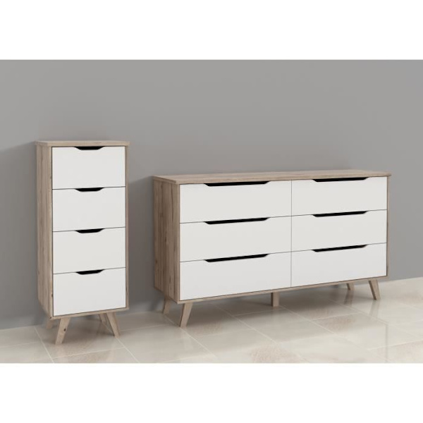 4-skuffers kommode - I spånplade - Eg og hvid indretning - Moderne - L 45 x D 42 x H 108 cm Matt vit / Naturlig ek