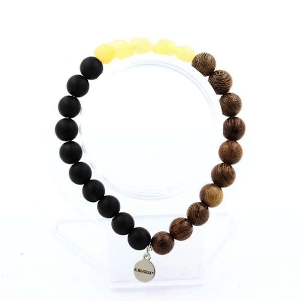 Sten og mineraler. Armbånd Gul Calcit fra Storbritannien + Mat Sorte Onyx Perler + Træ 8 Fremstillet i Frankrig. Gul svart