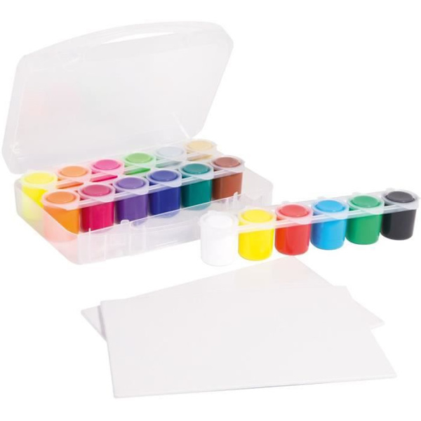 PRIMO 416TB18ASP Fint akrylmalingssæt i 25 ml gryde. Multifunktions etui med 12 normale farver, 4 fluorescerende, guld, 12 normala färger, 4 fluorescerande