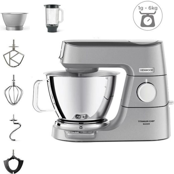 KENWOOD KVC85.124.SI - Titanium Chef Baker konditorrobot - 2 skåle i rustfrit stål 3,5 L og 5 L - Integreret vægt 6 kg - Blender 1,8 L -
