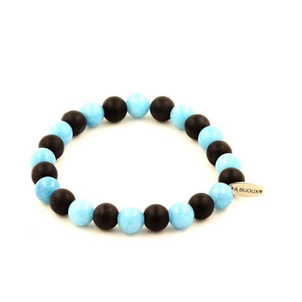 Sten og mineraler. Blue Chalcedony Beads Armbånd + Mat Sort Onyx 8 mm. Fremstillet i Frankrig.