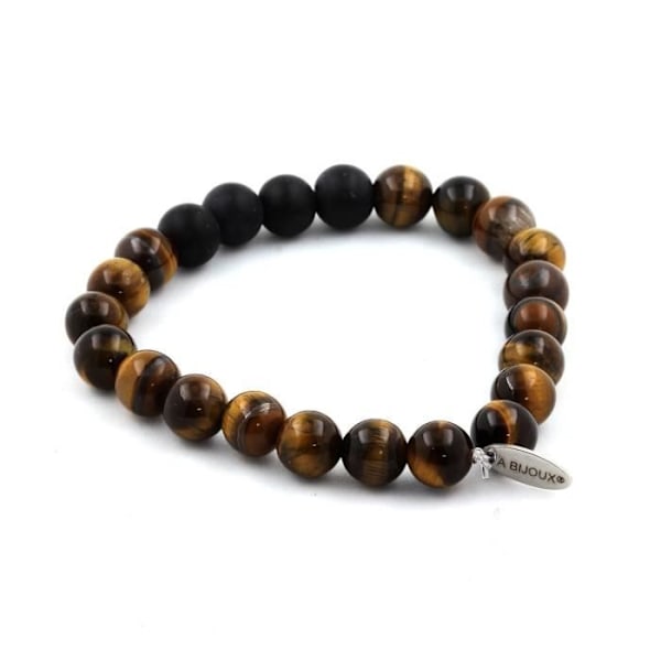 Sten og mineraler. Armbånd Tiger Eye Beads + Mat Sort Onyx 8 mm. Fremstillet i Frankrig.