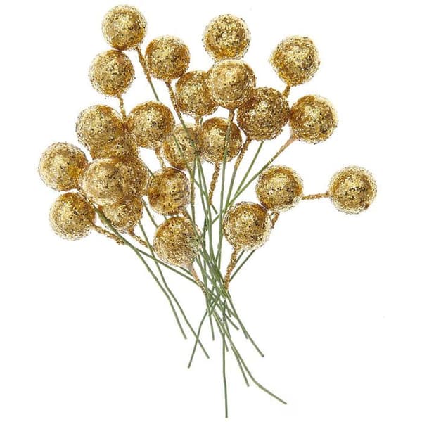 24 glitrende gyldne bær 8 cm gyllene