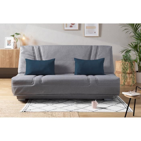 COMFORT BULTEX Click-clack bænksæde - 3 steder - Grå stof + Blå pyntepuder - L193 x Ljusgrå + Blå kuddar